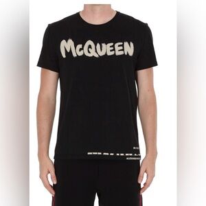 Alexander McQueen Brush Black Tee with Contrasting Ivory 'McQueen' Logo